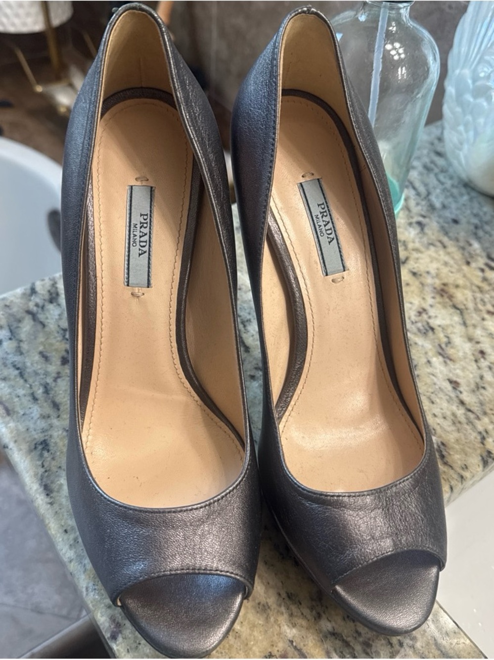 Prada Metallic Charcoal Peep-Toe Heels